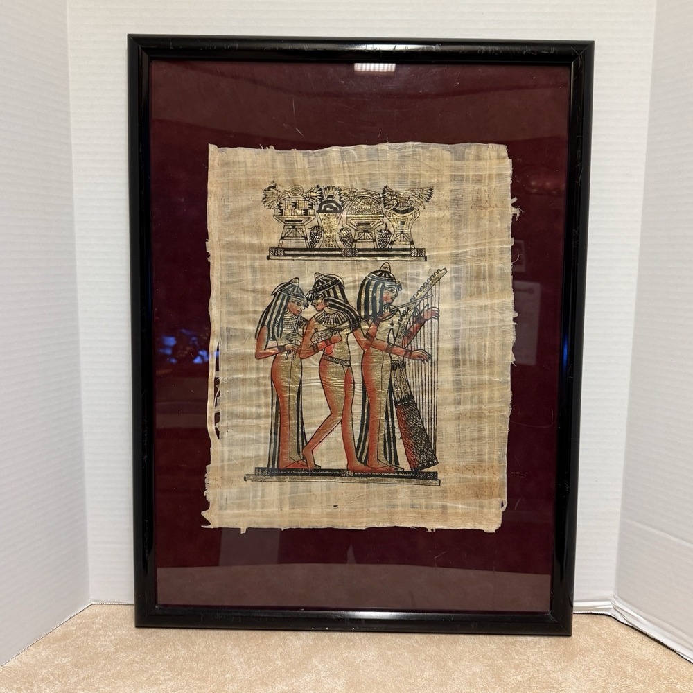 VTG Egyptian Framed Art on Papyrus with Egyptian Figures & Symbols, Hand-Painted